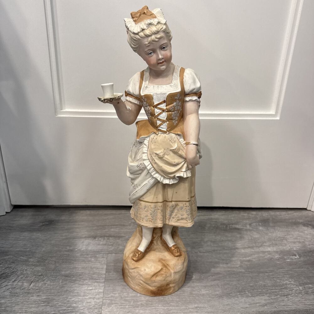Antique German Bisque Porcelain Lady Figural Candlestick Victorian 19” *